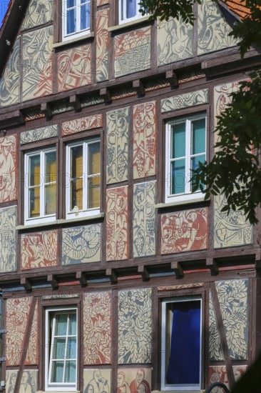 Half-timbered house, former restaurant Tübinger Tor, facade painting, window, Reutlingen, Baden-Württemberg, Germany