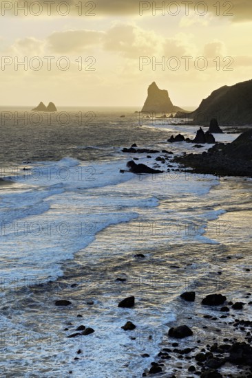 Beach of Playa de Benijo at high tide with the rock Roques de Anaga in the light of the rising sun, Tenerife, Canary Island, Spain