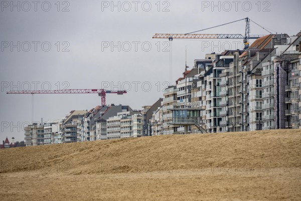 The skyline of Knokke-Heist, on the North Sea beach, dreary winter day, mostly apartment buildings with rental or condominiums, high-rise buildings on the Zeedijk-Knokke road, Belgium
