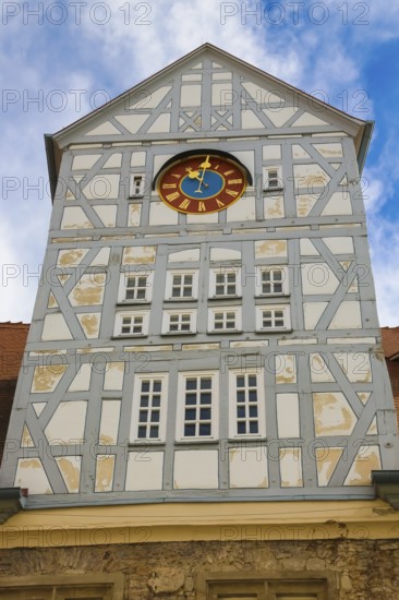 Spitalhof, medieval hospital, historic building on the market square, half-timbered, clock, Reutlingen, Baden-Württemberg, Germany