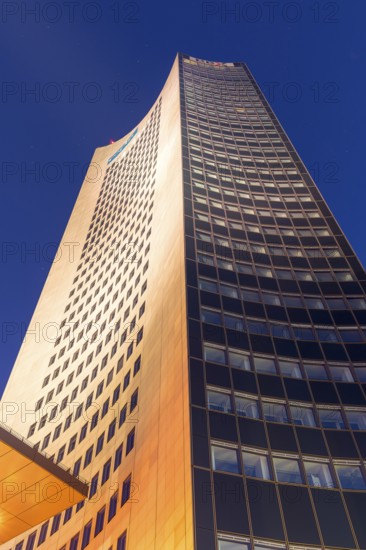 City skyscraper at Augustusplatz by night, Leipzig, Saxony, Germany