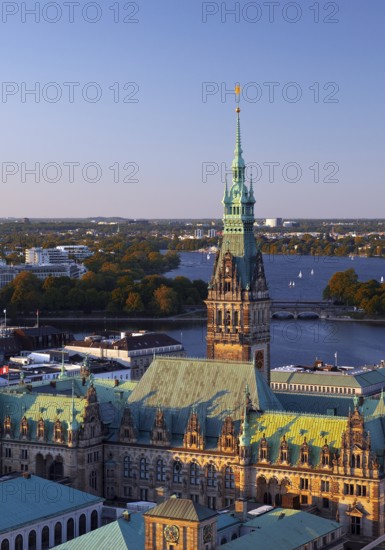 City view from above with the town hall and the Alster, Hamburg, Germany