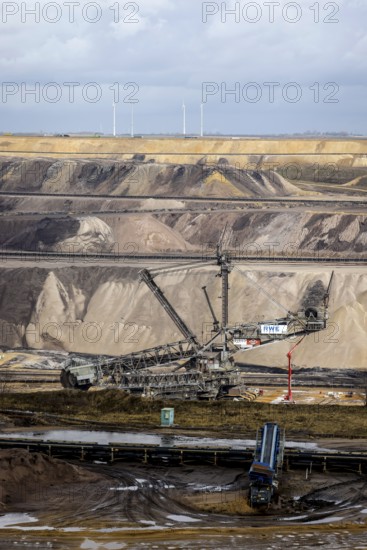 Jüchen, North Rhine-Westphalia, Germany - Rhenish lignite mining area, bucket wheel excavator in RWE's Garzweiler opencast lignite mine