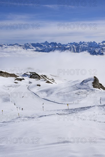 Ski area of the Hohe Ifen (2230 m) in Kleinwalsertal, on the Gottesacker plateau, Allgäu, Vorarlberg, Austria