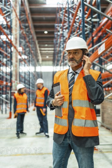 Warehouse manager wearing safety vest and helmet using phone and holding tablet while coordinating logistics operations