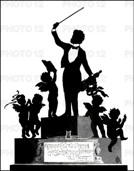 The Blue Danube, Johann Baptist Strauss II, 1825 – 1899, Austrian composer and violinist, 1879, silhouette print by Otto Böhler, digitally edited