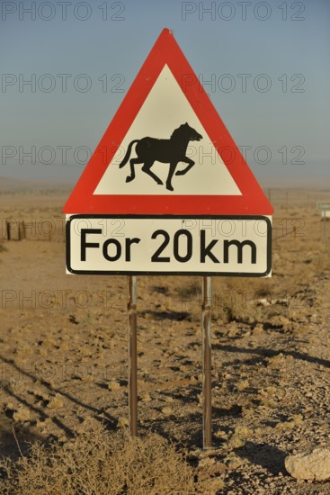 Warning Sign Attention horses, near Aus, Karas Region, Namib, Namibia