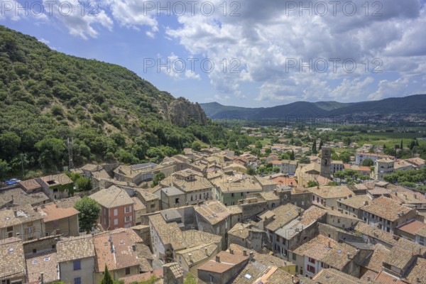 View of the village from the conglomerate rocks Les Pénitents, Les Mées, Alpes-de-Haute-Provence, France