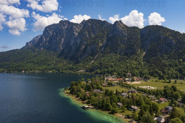 Drone image, Weißenbach am Attersee with Höllengebirge, Salzkammergut, Upper Austria, Austria