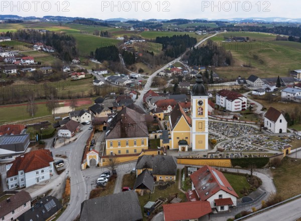 Drone shot, local view, parish church, Niederwaldkirchen, Mühlviertel, Upper Austria, Austria
