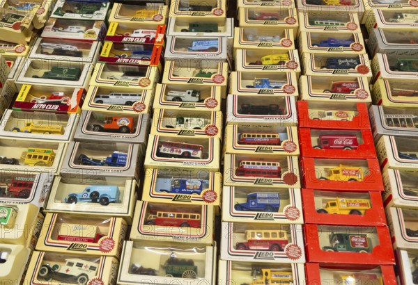 Displayed boxed of Lledo models old collectible vehicles, UK