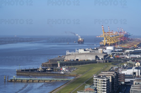 Container harbour on the Weser, view from the observation deck of the Sail-City skyscraper, Bremerhaven, Bremen, Germany
