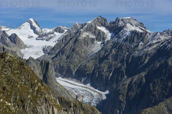 View from the Eggishorn to the Fiescher Glacier in the Aletsch Arena, Glacier, Tourism, Travel, Valais, Switzerland