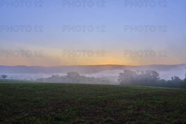 Dawn over a foggy cereal field with hills and trees in the background in a quiet atmosphere, Großheubach, Miltenberg, Spessart, Bavaria, Germany