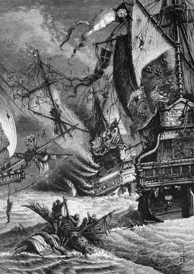 The defeat of the Spanish Armada by Queen Elizabeth I's Royal Navy in the Battle of Gravelines in the English Channel off Flanders, Belgium, in September 1588, digital reproduction of a historical model