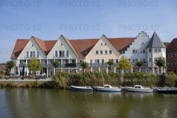Gabled houses on the castle island, Peenestrom, Wolgast, Usedom Island, Mecklenburg-Western Pomerania, Germany