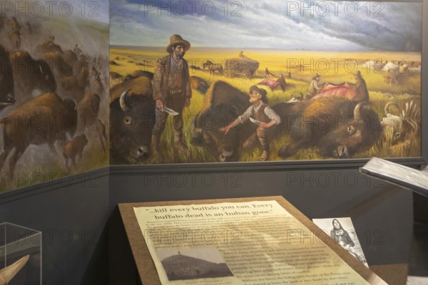 Woodward, Oklahoma - The Plains Indians and Pioneers Museum. The text accompanying a painting of buffalo hunters explains that killing the buffalo was a way to remove the food supply for Indians.