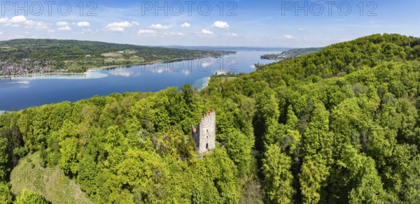 Aerial view, panorama of the Neuburg ruins, historical sight above Lake Constance, Untersee, Lake Rhine, opposite the Höri peninsula, Canton Thurgau, Switzerland