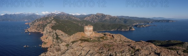 Aerial view, panorama, Genoese tower, stone tower, Torra di Turghju, Capo Rosso, Gulf of Porto, Corsica, France