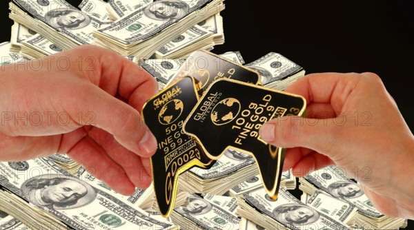 Symbolic image, gold as an investment, soft currency, security, risk, stock market, securities, industry, economy critical, exploitation, stress, trade union, payment, insolvency, wrong decisions, unemployment, profit, profit slump, share prices, Germany as a business location, global economy, globalisation, environmental protection, mining rights