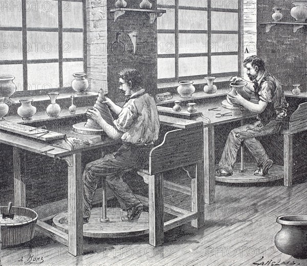 Worker in a porcelain factory around 1850, moulds on the potter's pane, France, digitally enhanced reproduction of a 19th century model, historical
