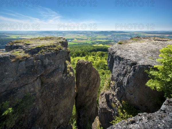 View from Staffelberg with crevice, Bad Staffelstein, Upper Franconia, Franconian Switzerland, Franconian Alb, Bavaria, Germany