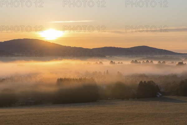 Oberlausitzer Bergland with fog in the morning light, view from Callenberg, Schirgiswalde-Kirschau, Saxony, Germany