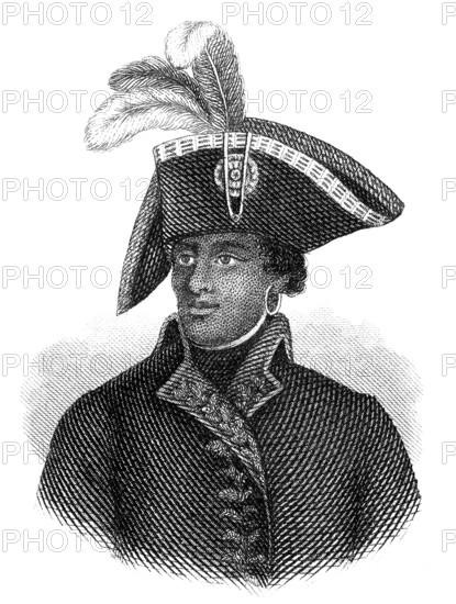 Portrait of François-Dominique Toussaint L'Ouverture or Louverture 1743 - 1803, a Haitian national hero of African descent and a leader of the Latin American independence movement and the Haitian Revolution, Portrait von François-Dominique Toussaint L'Ouverture oder Louverture, um 1743 - 1803, ein haitianischer Nationalheld afrikanischer Herkunft und ein Anführer der lateinamerikanischen Unabhängigkeitsbewegung sowie der Haitianischen Revolution