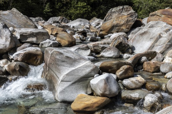 Rocks in the Verzasca River between Lavertezzo and Brione, Verzasca Valley, Valle Verzasca, Canton Ticino, Switzerland