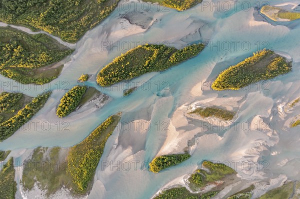 Aerial view, river delta with islands, river Glomåga, Mo i Rana, Norway