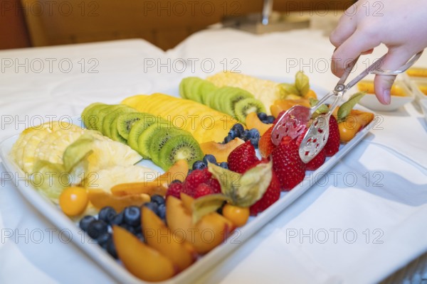 A fruit plate with various fresh fruits, a hand helps itself with tongs, Europäischer Hof, Königsbach Stein, Germany