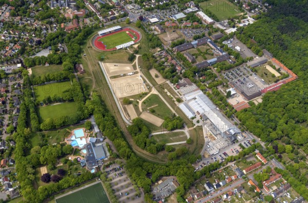 Verden, equestrian sport, Niedersachsenhalle, stadium, Berliner Ring, Verwell, adventure pool, dressage, dressage arena, equestrian sport, sports ground, aerial view, Lower Saxony, Germany