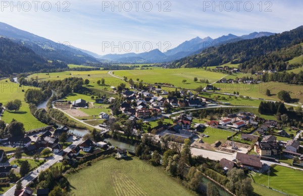 Drone image, residential buildings, view of the village, Pruggern, Ennstal, Styria, Austria