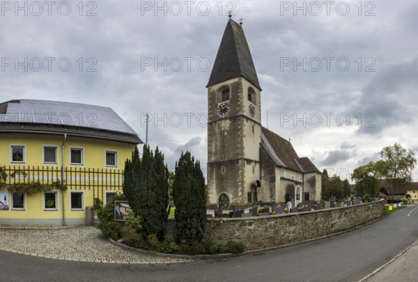 Drone image, view of the village with parish church, Oftering, Hausruckviertel, Upper Austria, Austria