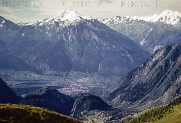 View from Belalp of snow-covered mountains to the Breithorn above Brig, Bernese Alps, Switzerland, Europe around 1960