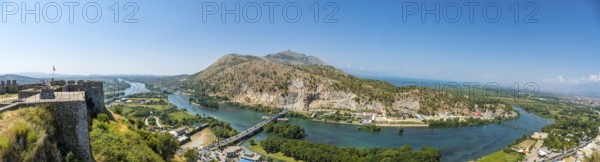 Panoramic of the river from the walls of Rozafa Castle and its citadel in the city of Shkoder. Albania