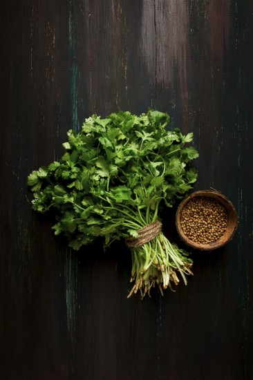 Bunch of fresh Cilantro, coriander seeds, on a dark wooden table, close-up, top view, no people. food and drink