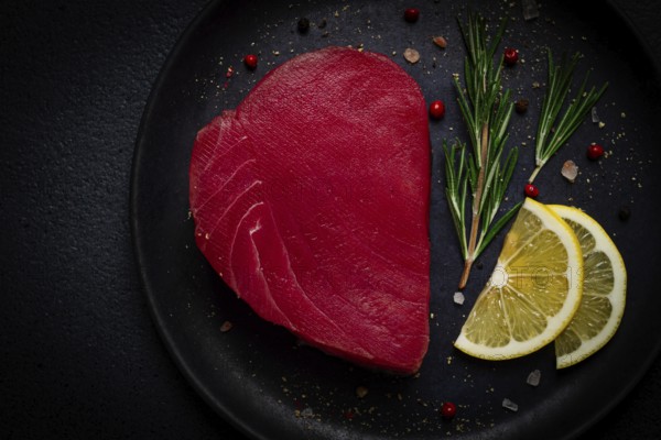 Fresh red tuna fillet, for steak, raw, top view, on a black plate, no people