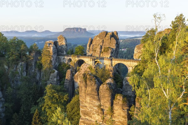 Panoramic view of the Bastei with Neurathen Castle and Wehlgrund, Lilienstein in the background, Saxon Switzerland, Saxony, Germany