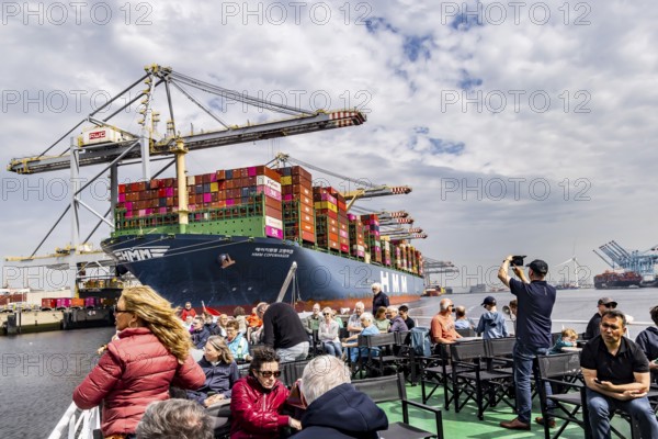 Container ship TIHAMA from Hapag Lloyd. With a length of 400 metres, the ULCV is one of the largest container ships in the world. APM Container Terminal in the Maasvlakte 2 deep-sea harbour, Rotterdam, Zuid-Holland, Netherlands