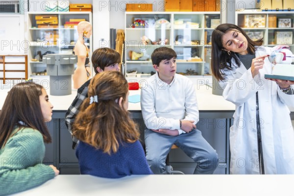 Science teacher engaging high school students with an anatomical model during an interactive biology lesson in the classroom