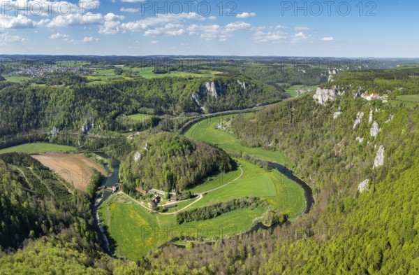 Aerial view, panorama of the upper Danube valley, Sigmaringen district, Baden-Württemberg, Germany