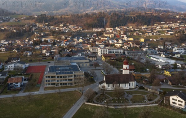 Drone image, residential buildings, settlement area, parish church, Thuringia, Großes Walsertal, Vorarlberg, Austria