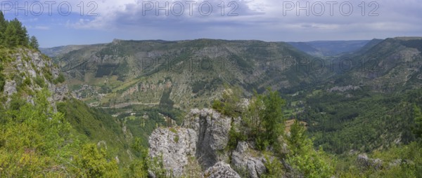 Panoramic view right mountain village Montbrun, mountain hike Les Moines, Gorges du Tarn Causses, Département Lozère, France