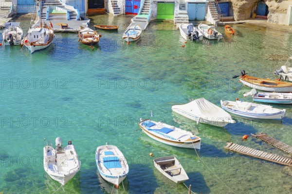 The small fishing village of Mandrakia, Mandrakia, Milos Island, Cyclades Islands, Greece