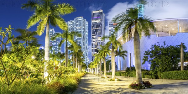 Miami skyline with skyscrapers at Maurice A. Ferré Park Panorama at night in Miami, USA