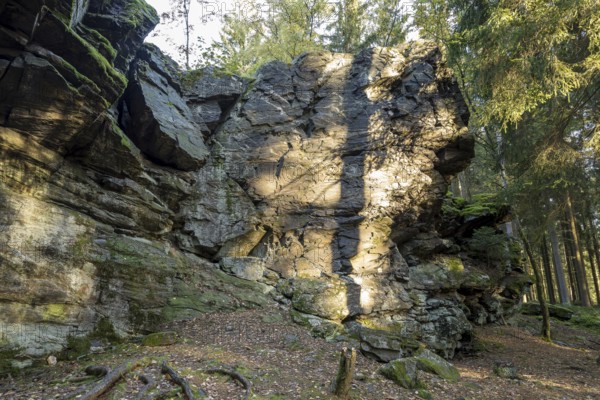 Schwarzer Stein rock formation with Versteinerter Mönch rock formation east of Grünbach in Vogtland, Saxony, Germany