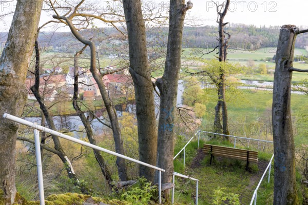 Maylust vantage point with a view of the Freiberg Mulde valley in the morning light, with Buch Monastery, Leisnig, Saxony, Germany