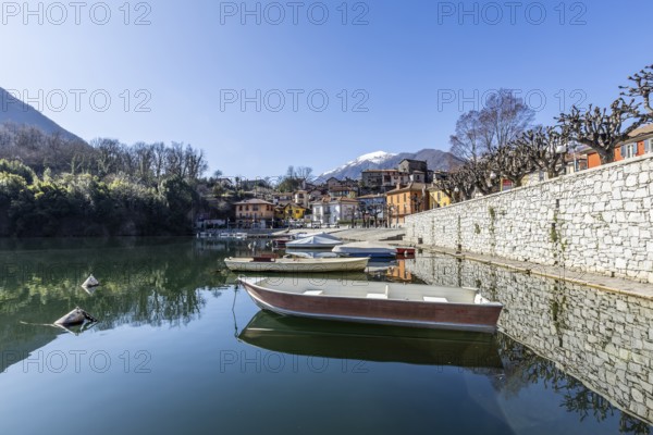 Boats on the lakeside promenade, Mergozzo, Lago di Mergozzo, Piedmont, Italy