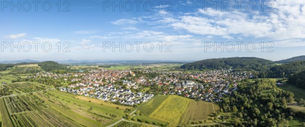 Aerial view, panorama of the municipality of Steißlingen, on the horizon the Hegau mountains, district of Constance, Baden-Württemberg, Germany